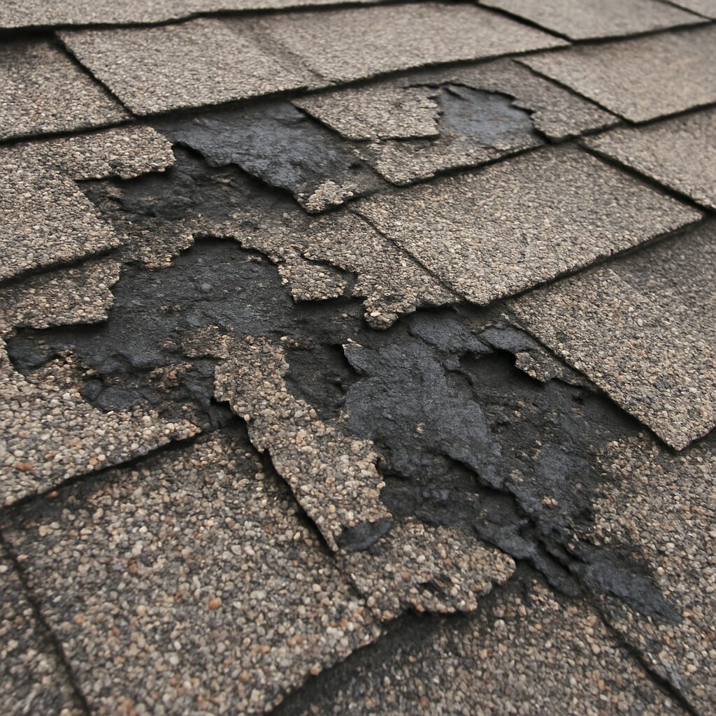Close-up of damaged roof shingles