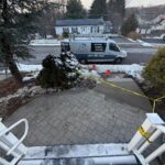 Existing steps showing wear and cracks before reconstruction. Masonry team preparing for complete replacement in Newton, NJ by Deluxe Construction.